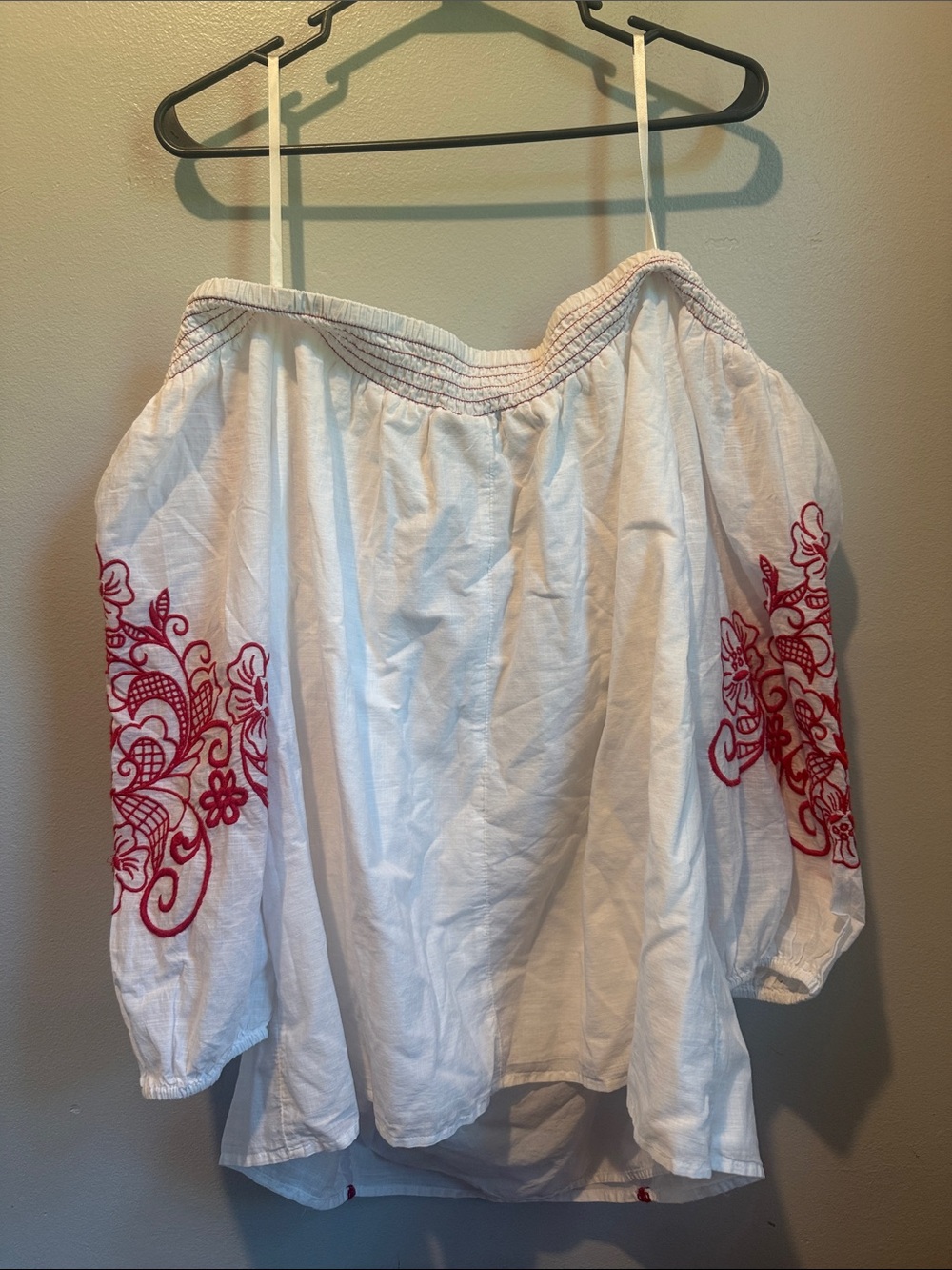Lane Bryant 18 20 White Peasant Blouse with Red Embroidery - Picture 7 of 7